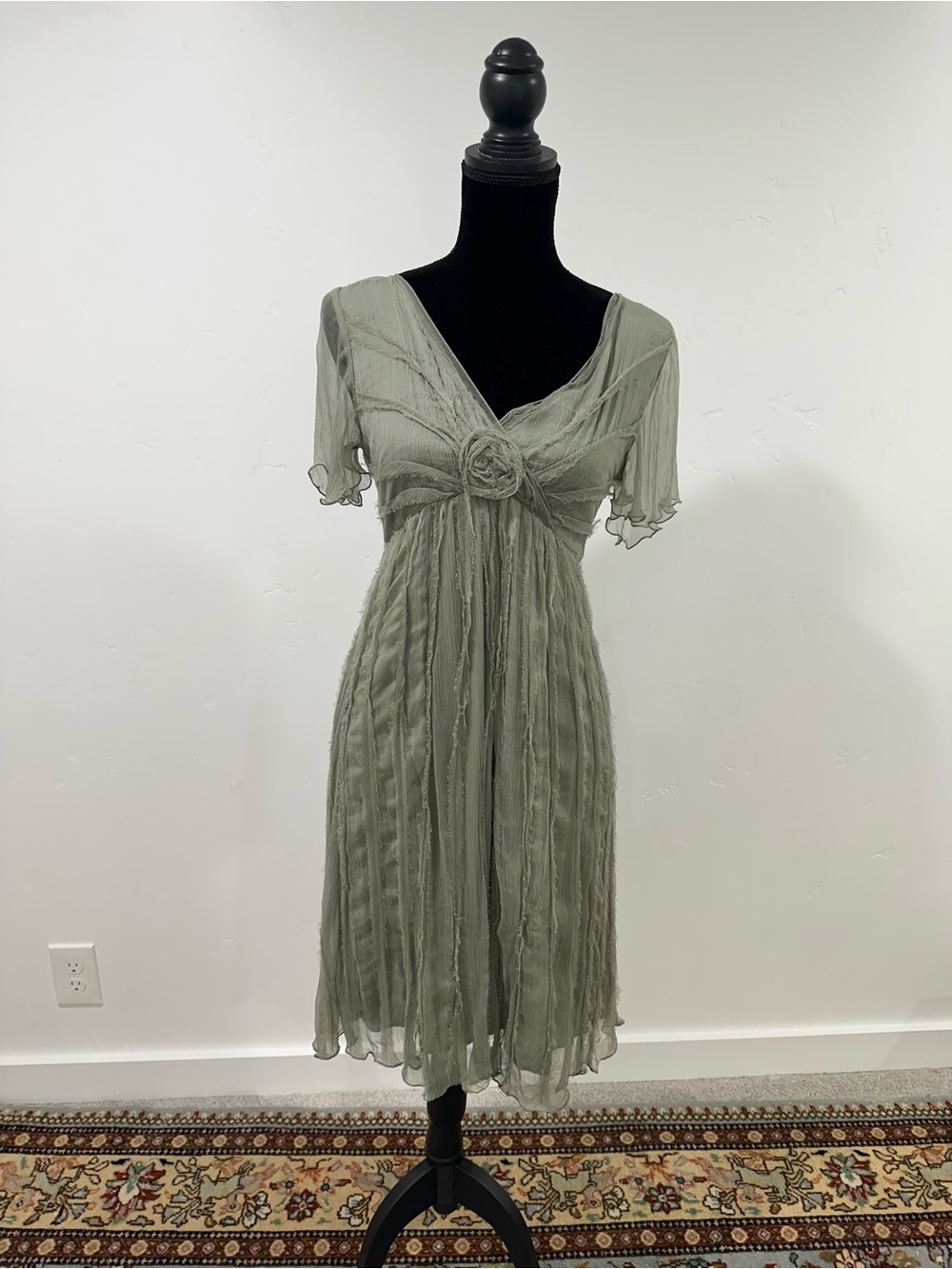 Noa Noa Sage Green V-Neck Midi Dress with Rosette Waist